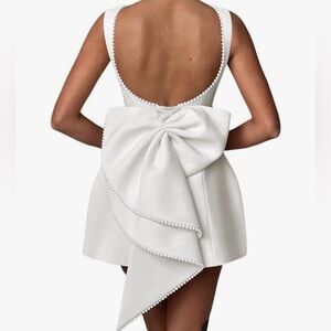 Mini Pearl Cocktail Dress with Bow, Satin Evening Dress,
Backless Formal Gown